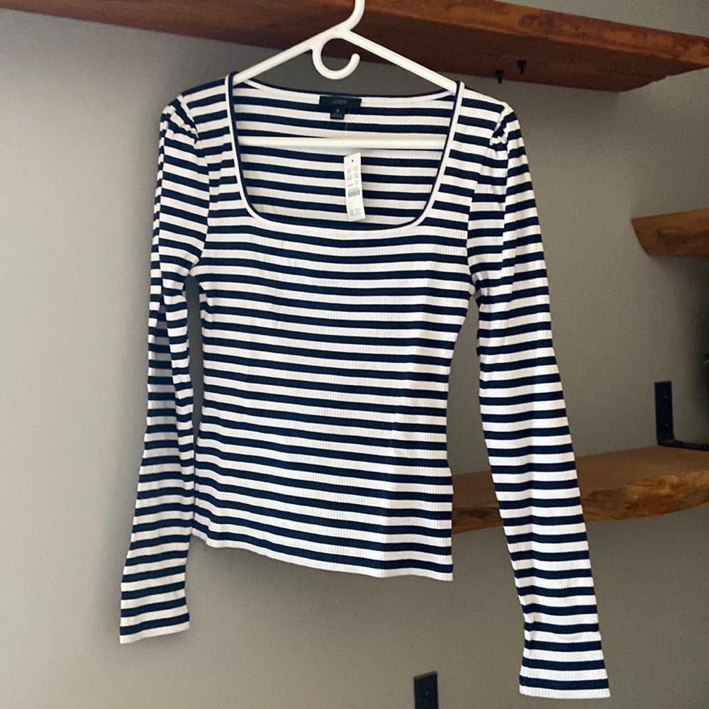 NWT J crew navy and white long sleeved ribbed square neck shirt